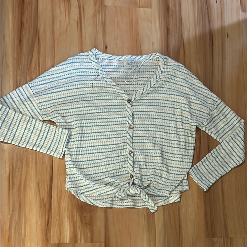 Paper Crane White and Blue Long Sleeve Tie Front Crop Top